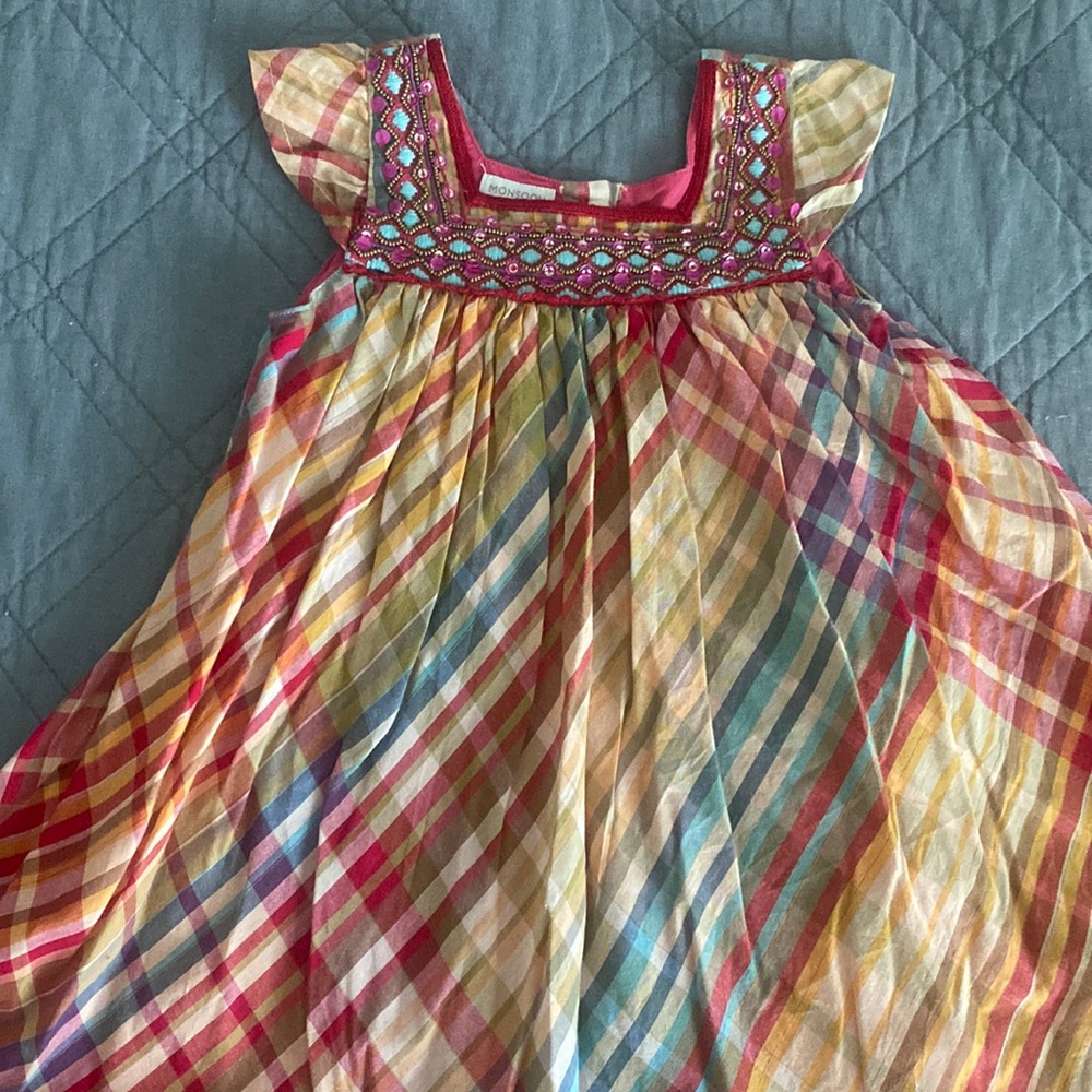 Little girls Monsoon dress sz 3-4 plaid stripes sequins rainbow colors red blue